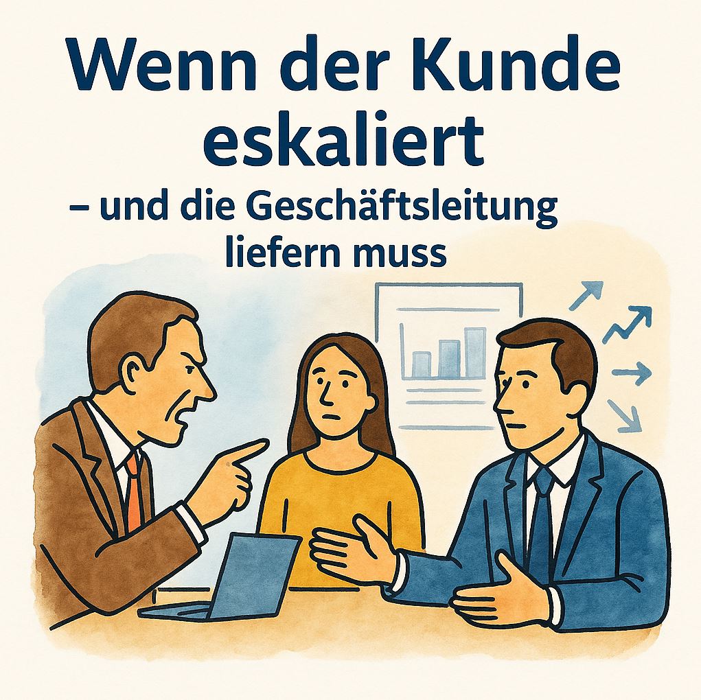 Handgezeichnete Illustration: Eskalation auf C-Level – Interim-Führung bringt Struktur und sichert Kundenvertrauen