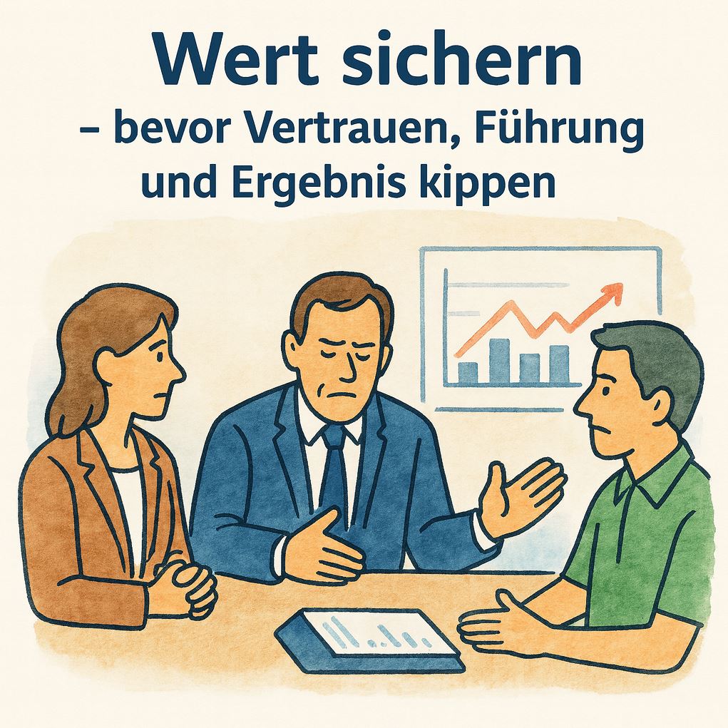 Handgezeichnete Illustration: Beteiligungsmanager besorgt, Beirat im Gespräch – Stabilisierung von Führung und Ergebnissen in der Krise